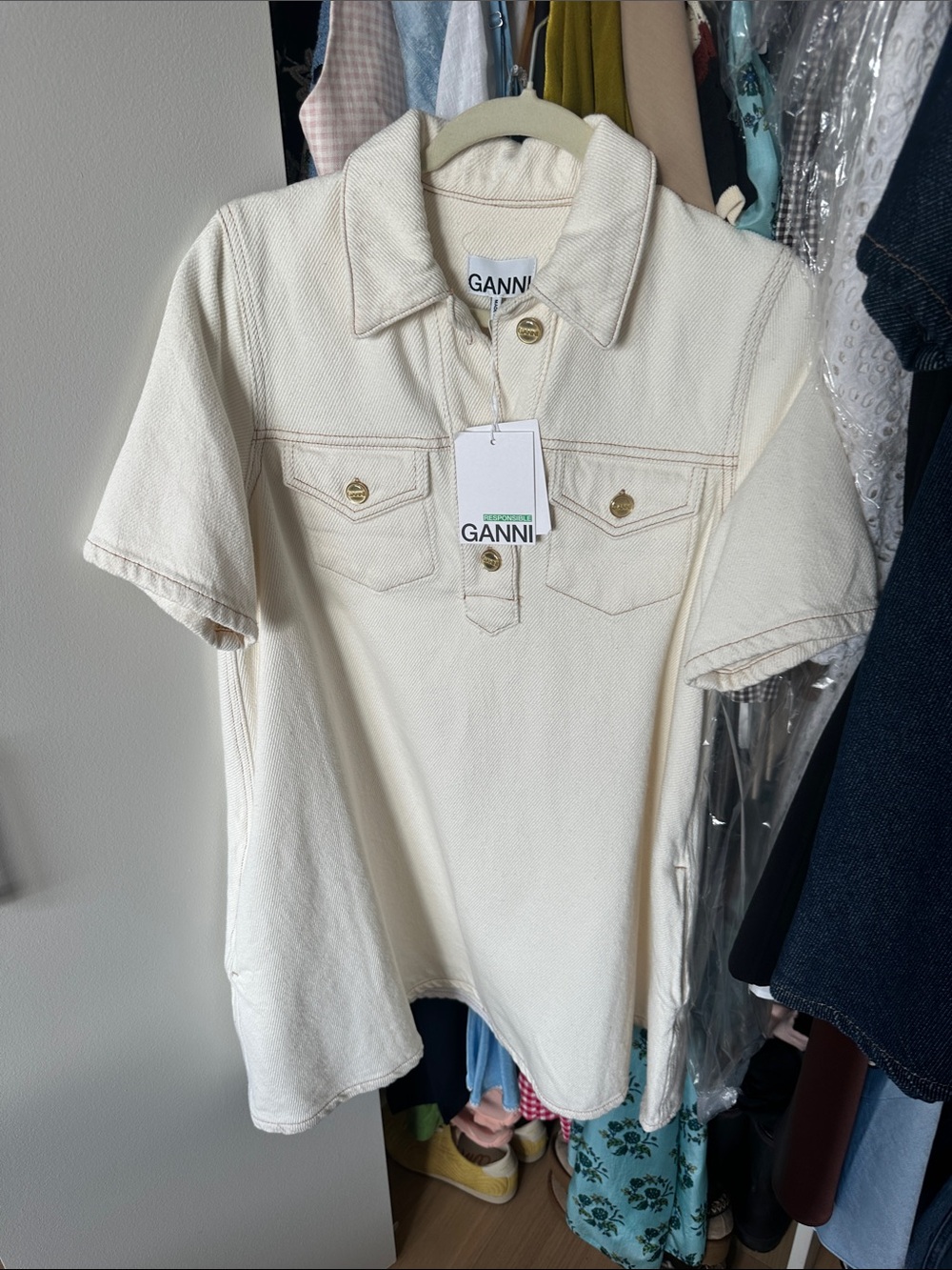 GANNI Kids Cream Short-Sleeve Polo Shirt with Chest Pockets
